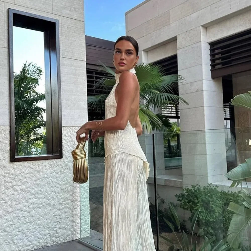 Commense Asymmetric Halter Top, Champagne, Beige, Ruffle Texture - Picture 3 of 4